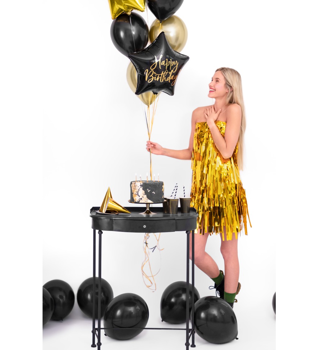Černý hvězdičkový balónek Happy Birthday - fóliový