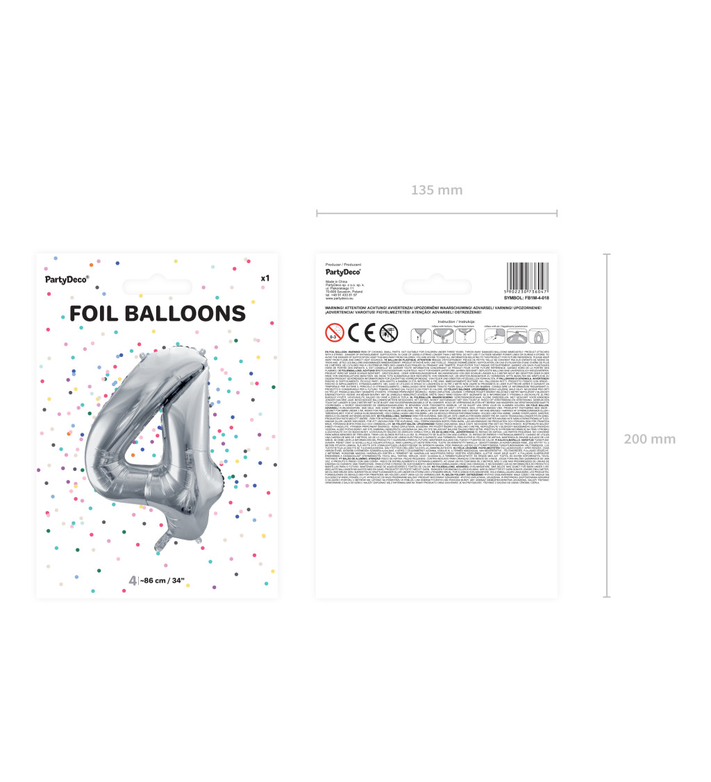 Fóliový balónek s číslem 4 - stříbrný