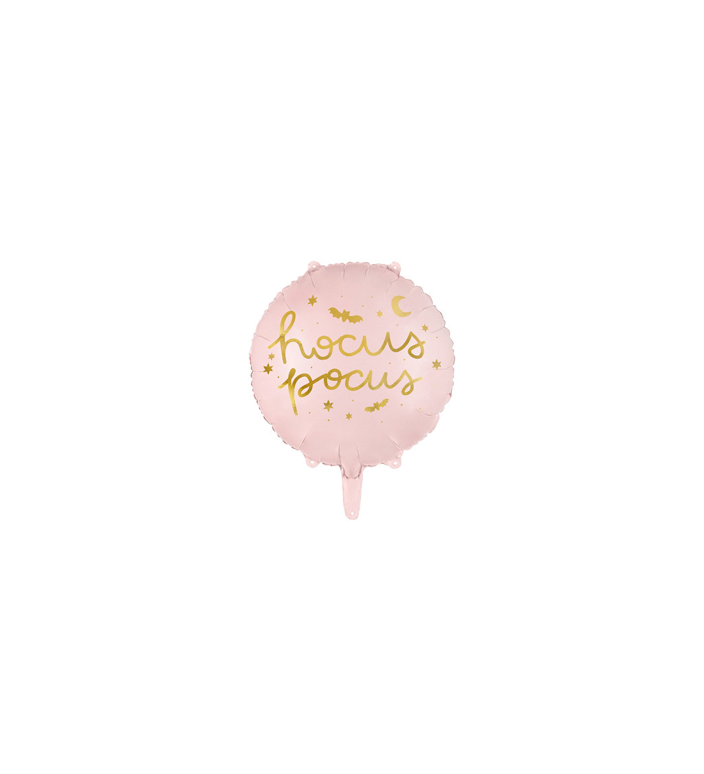 Fóliový balónek - kulatý, růžový s nápisem "hocus pocus"