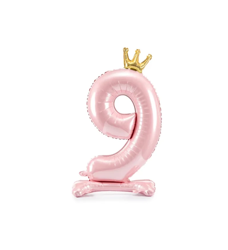Fóliový balónek - stojící, růžové číslo 9 s korunou
